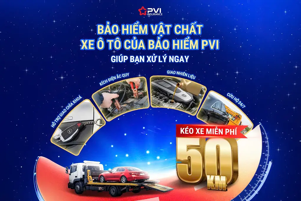 Bảo hiểm PVI tặng cứu hộ khẩn cấp PVI-RSA 24/7 cho xe ô tô cao cấp. Hỗ trợ cẩu kéo miễn phí, giao nhiên liệu, thay lốp, kích ắc quy mọi lúc mọi nơi. Đặc biệt hỗ trợ lưu trú khi gặp sự cố xa nhà – an tâm mọi hành trình!